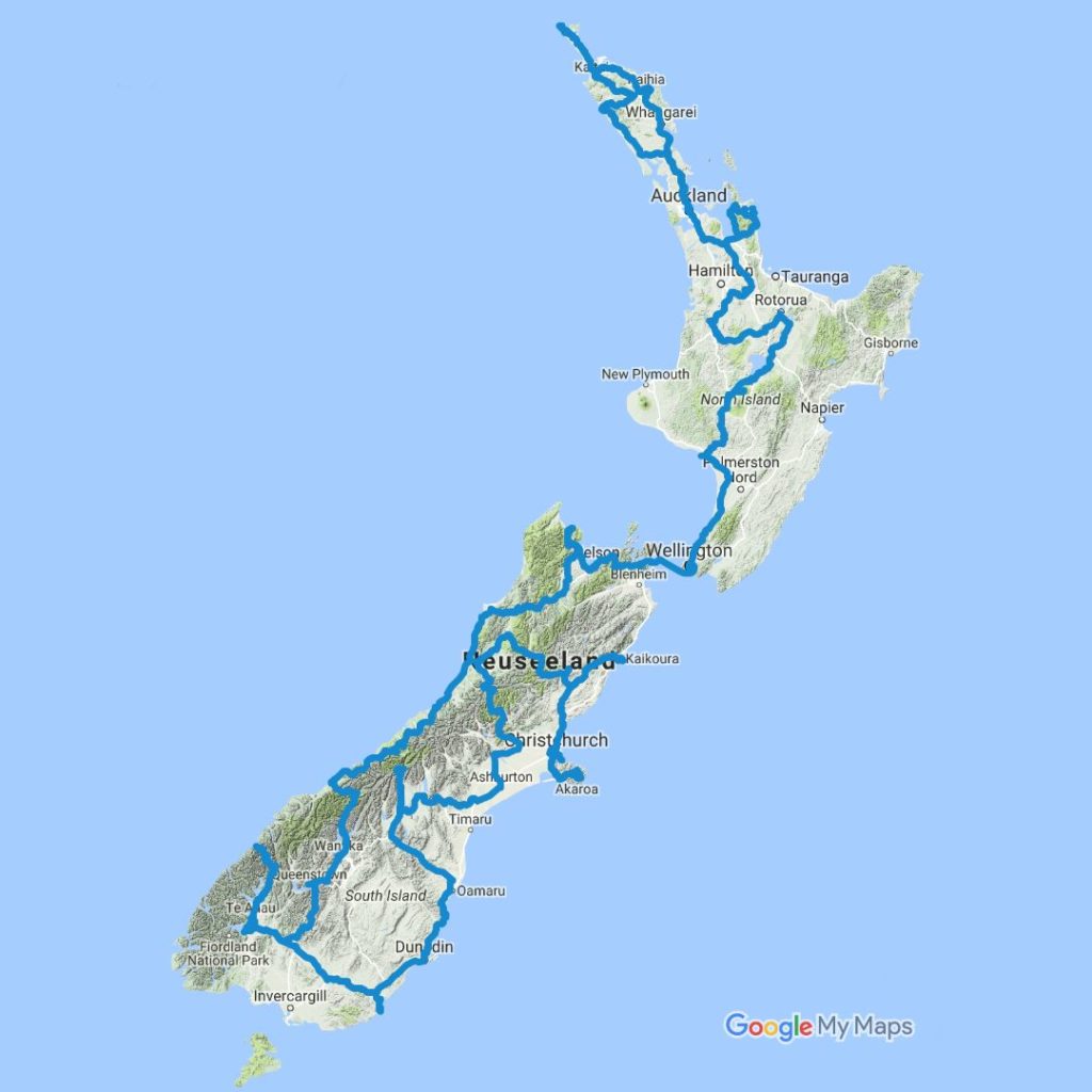 Neuseeland-Karte mit gefahrener Route