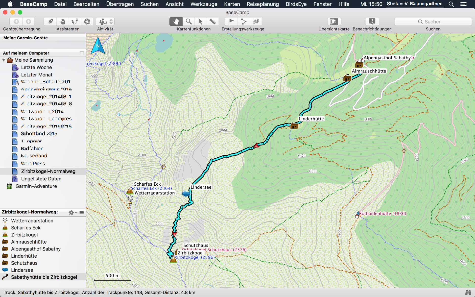 Im Rahmen einer Tourenplanung erstellter Track (Cyan) und Wegpunkte für den Zirbitzkogel-Normalweg, dargestellt in Garmin BaseCamp mit ausgewählter Freizeitkarte der Alpenregion
